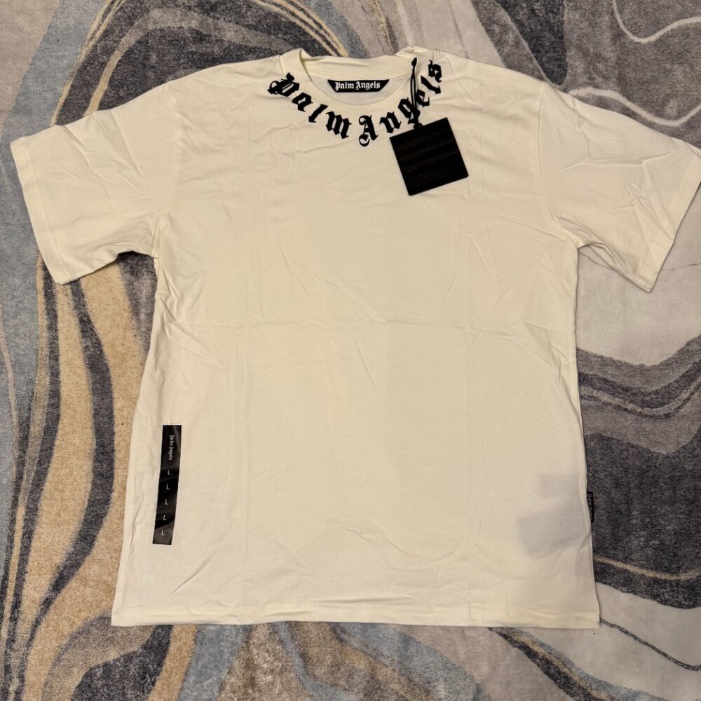 Palm Angels White Neck Logo T-Shirt Size Large